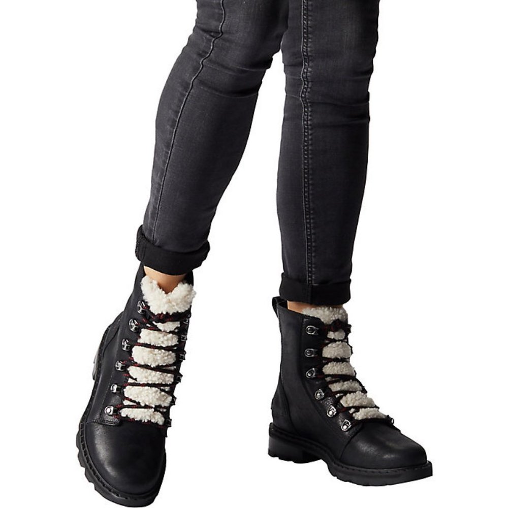 Sorel Lennox Black Shearling Waterproof Lace Cozy Ankle Boots Bootie Shoes NEW